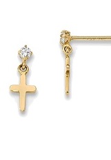 marvelous yellow gold cubic zirconia dangle baby cross earrings